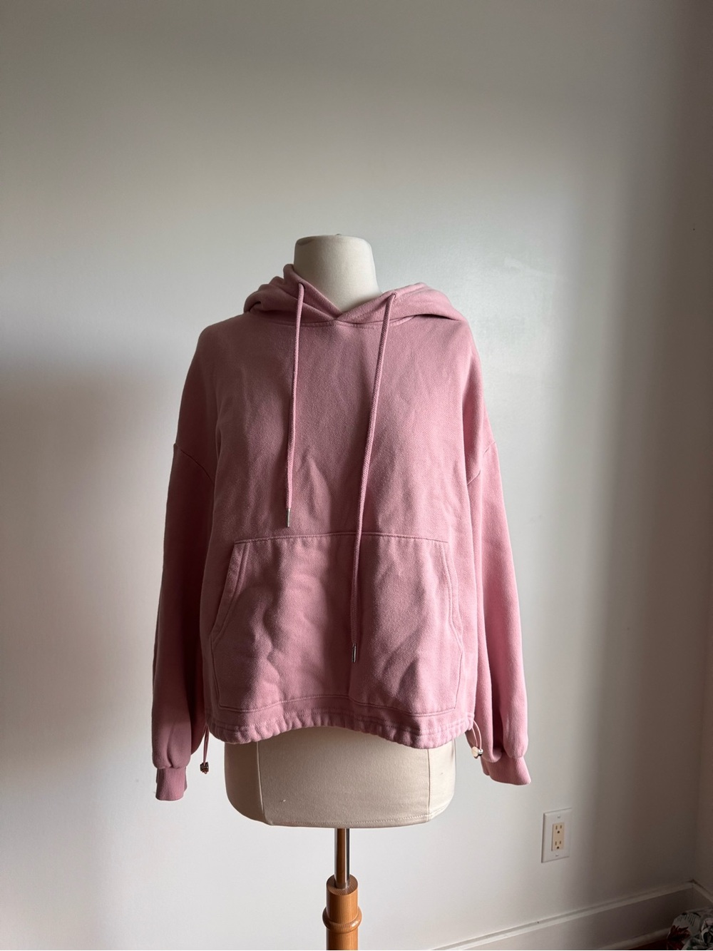 Pink Cropped Relaxed Fit Hoodie with Drawcord Hem S-M